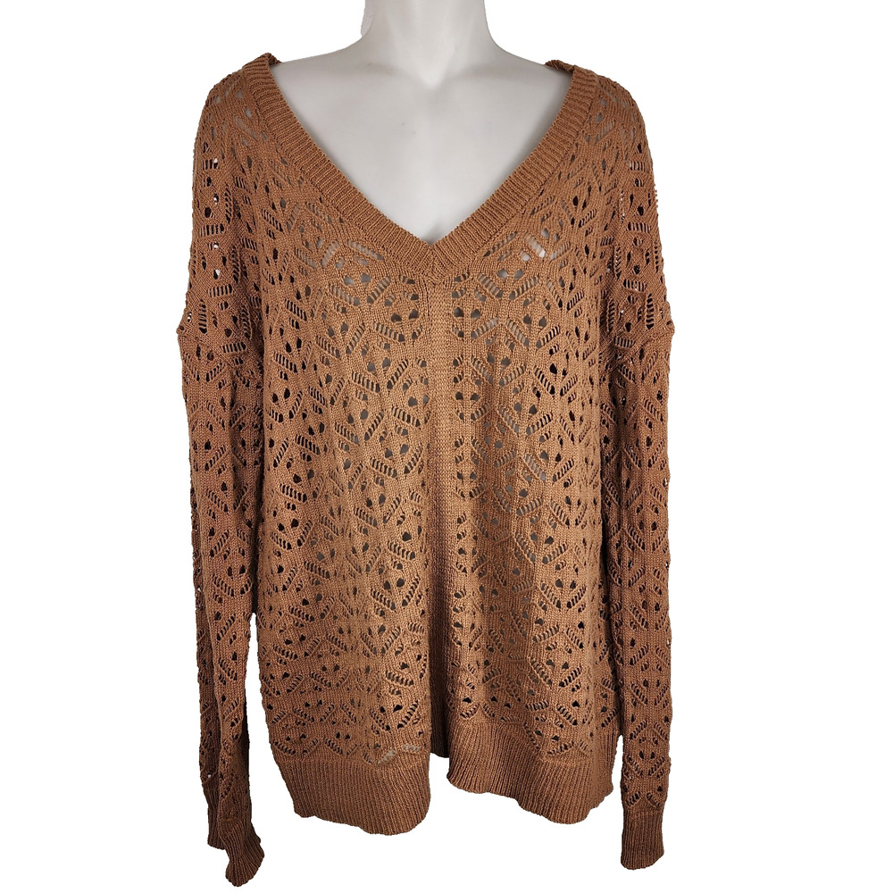 Maurices Womens Open Knit V Neck Sweater L Brown Relaxed Lightweight Preppy Boho